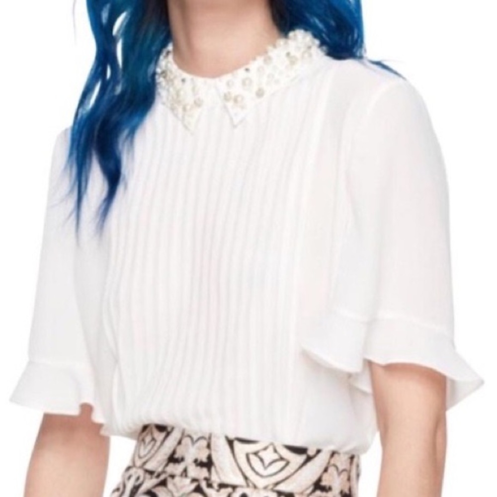 White kate spade Top with Pearl and Rhinestone Embellished Collar - Size XS